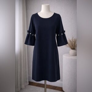 Banana Republic Blue Shift Dress Pearl Bell Sleeve Modern Office Minimalist
